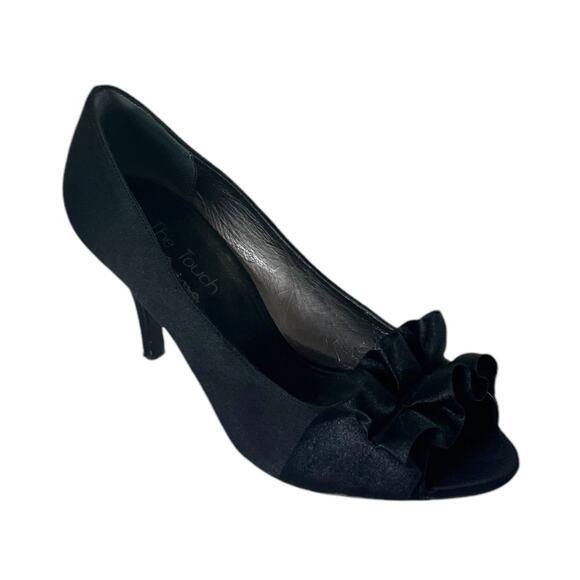 Nina Pump 3 1/2” Heel Black Satin Ruffle Peep Toe Closed Back Women’s Size 7.5M - Picture 5 of 11